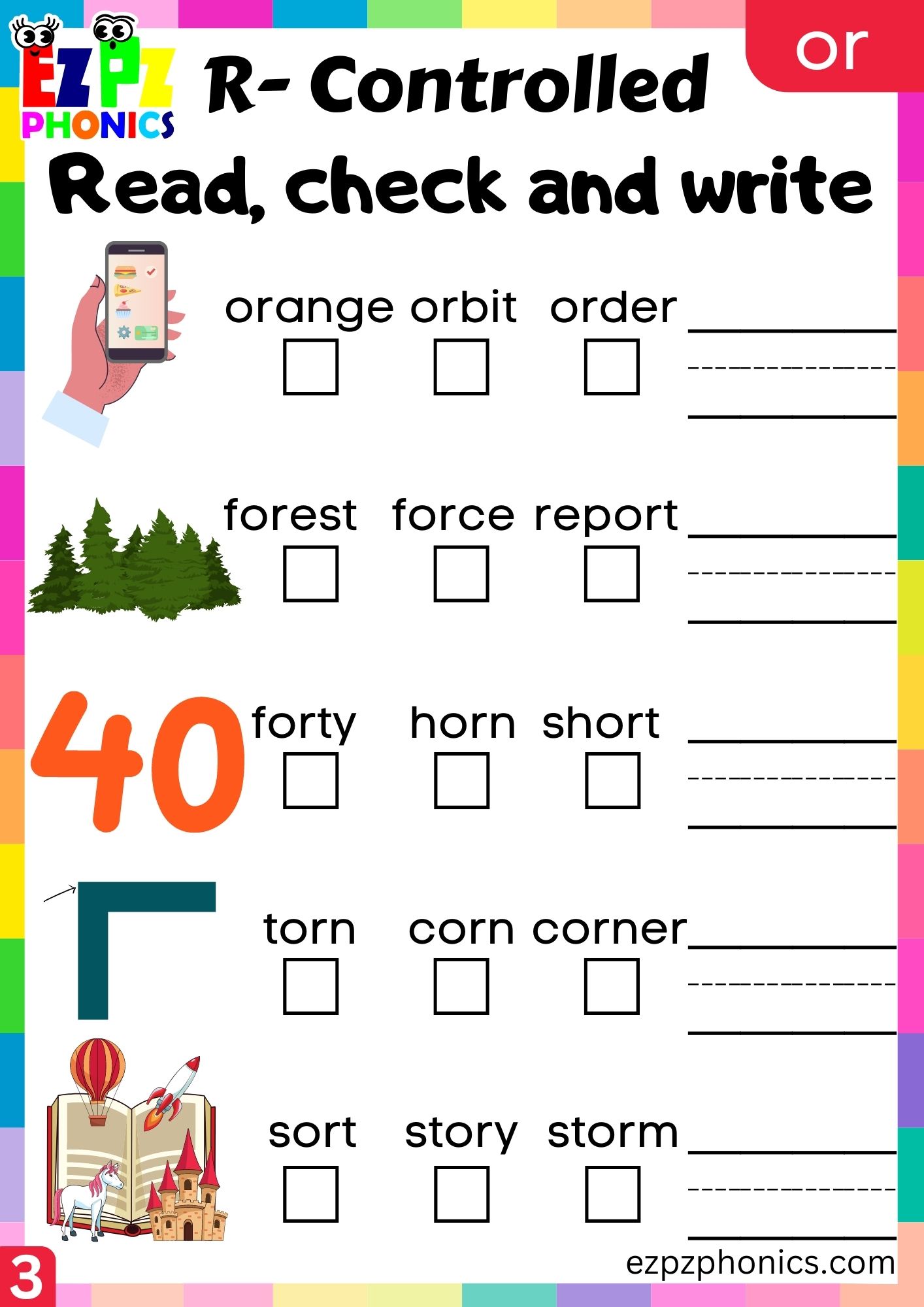 Read check and write worksheet for two syllable or words R Controlled Vowels Phonics group 3
